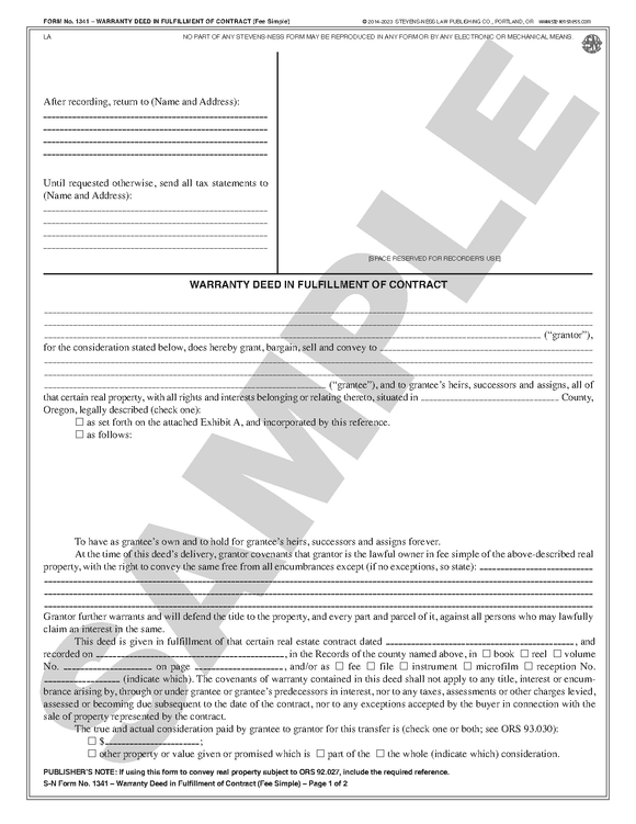 SN 1341 Warranty Deed in Fulfillment of Contract (Fee Simple) (OR)