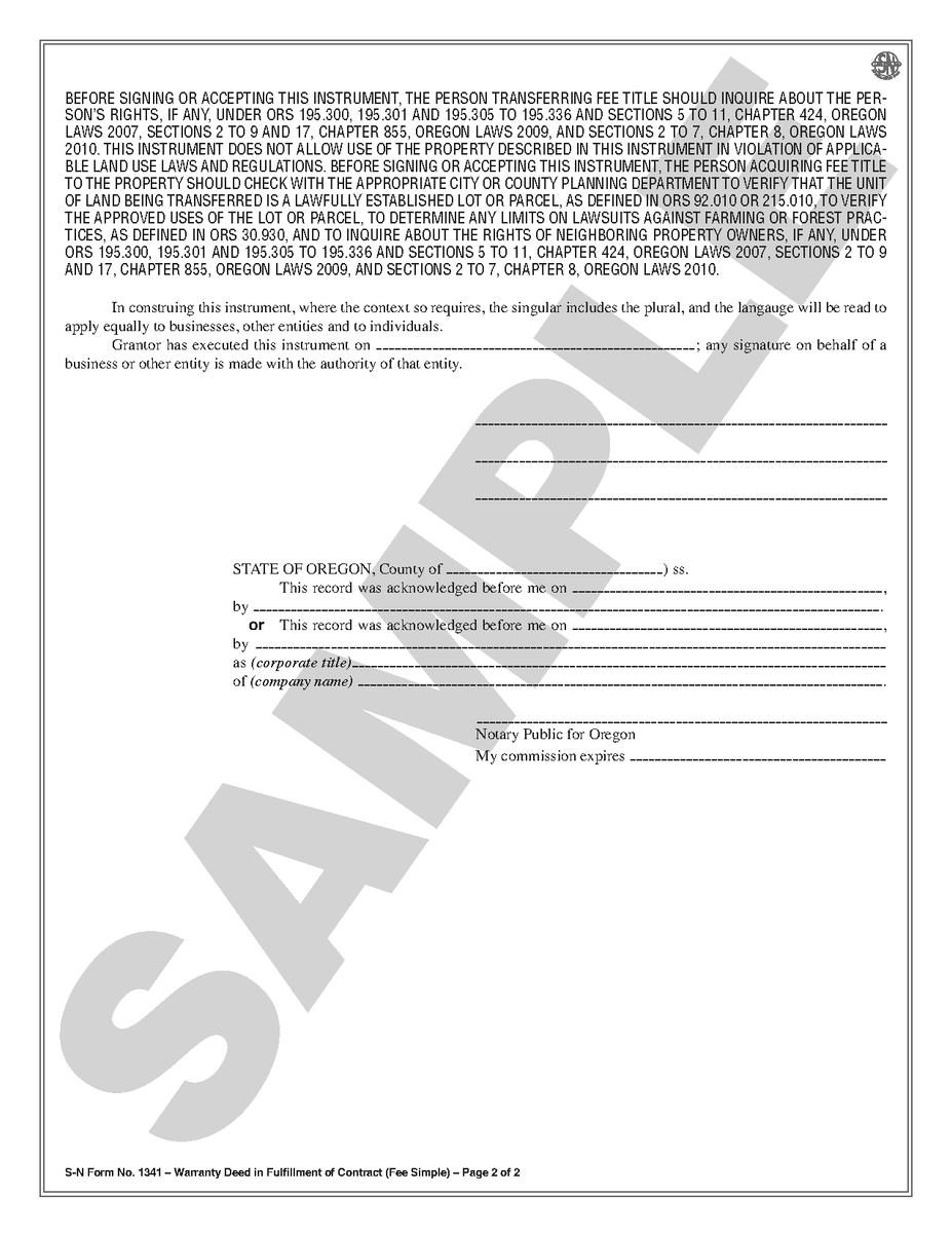 SN 1341 Warranty Deed in Fulfillment of Contract (Fee Simple) (OR