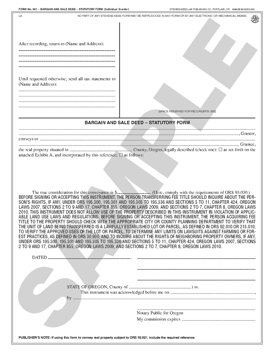 SN 961 Statutory Bargain and Sale Deed (OR) StevensNess Law