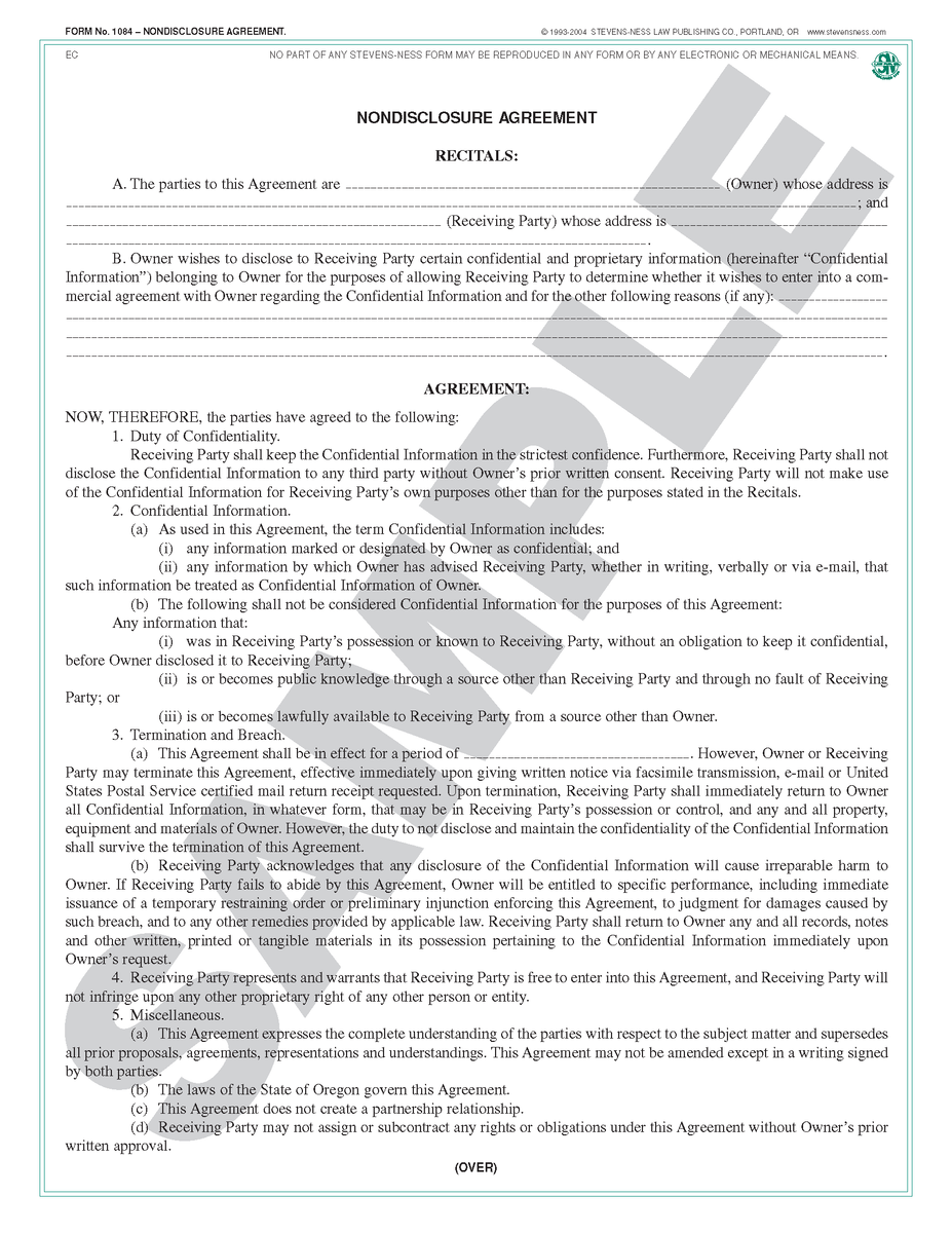 SN 1084 Nondisclosure Agreement (OR) – Stevens-Ness Law Publishing Co.