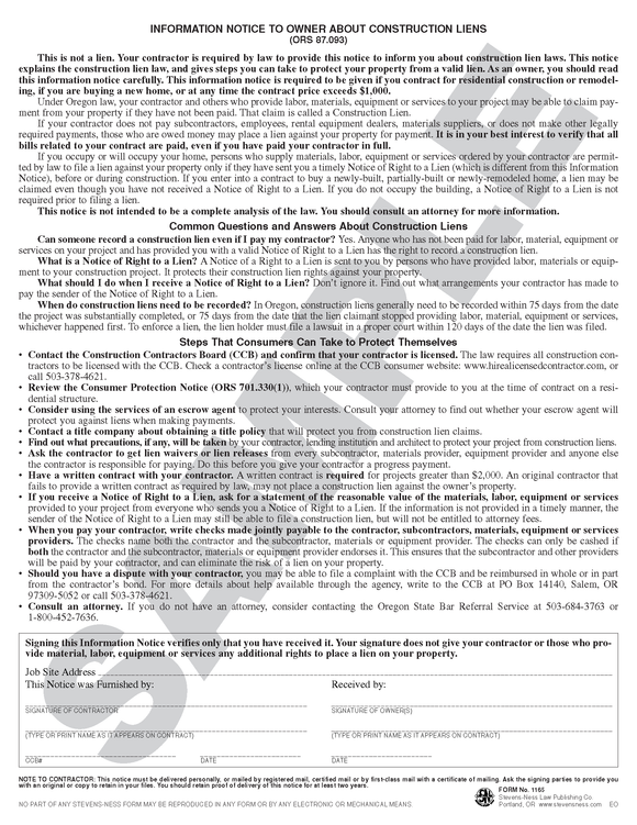 SN 1165 Information Notice to Owner About Construction Liens (OR)