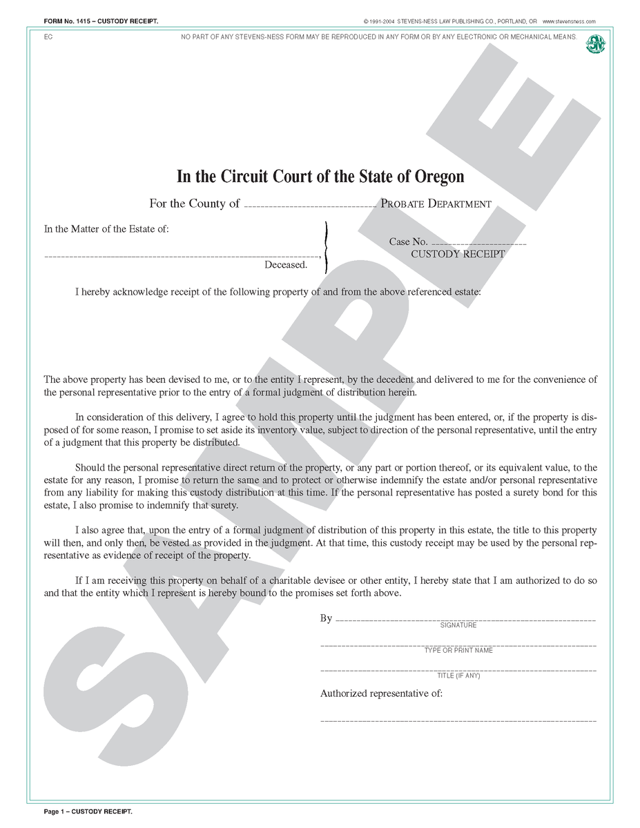 SN 1415 Custody Receipt (OR) – Stevens-Ness Law Publishing Co
