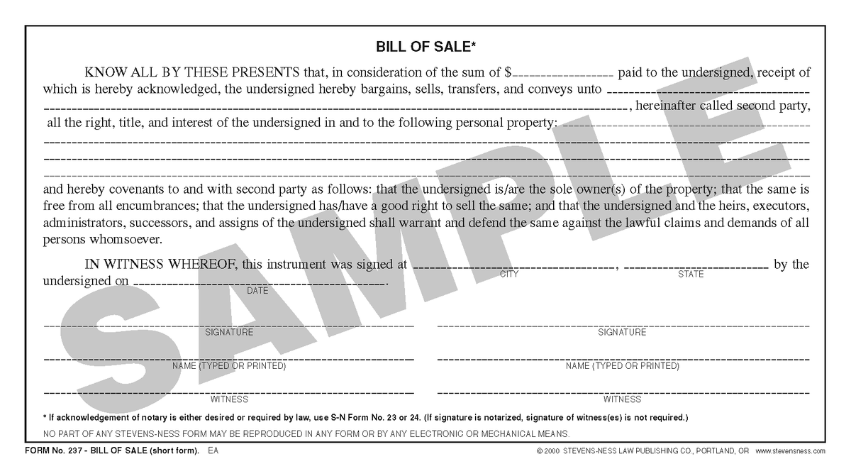sn-237-bill-of-sale-short-form-or-stevens-ness-law-publishing-co for Free Printable Bill Of Sale For Personal Property SN 237 Bill of Sale, Short Form (OR) – Stevens-Ness Law Publishing Co. for Free Printable Bill Of Sale For Personal Property
