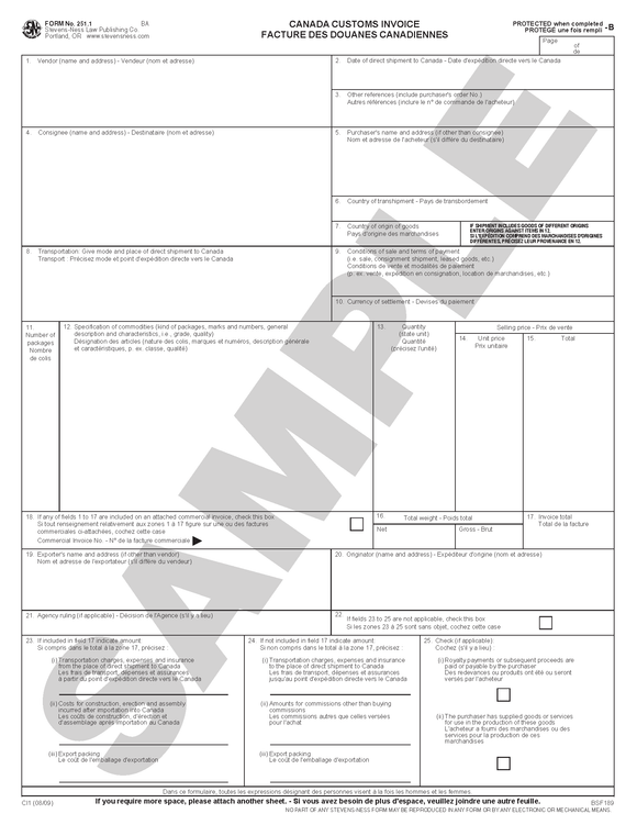 SN 251.1 Canada Customs Invoice (ANY STATE)