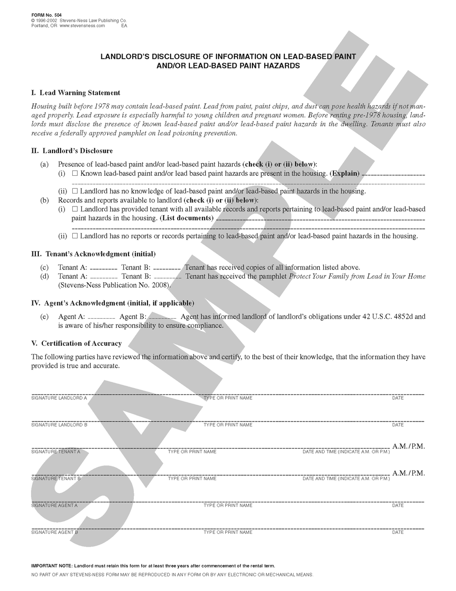 SN 504 Landlord's Disclosure of Information on Lead-Based Paint