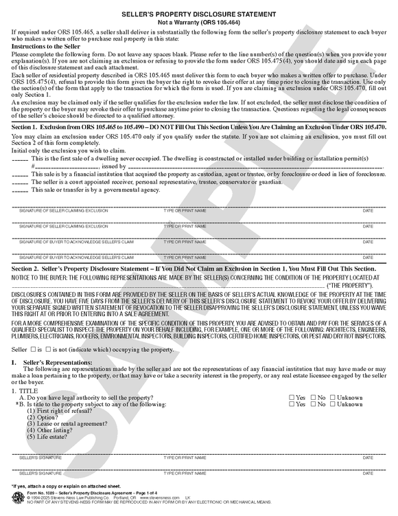 SN 1089 Seller's Property Disclosure Statement (OR)