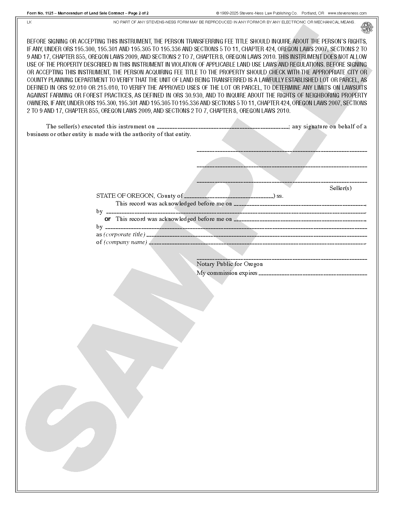 SN 1125 Memorandum of Land Sale Contract (OR) – Stevens-Ness Law