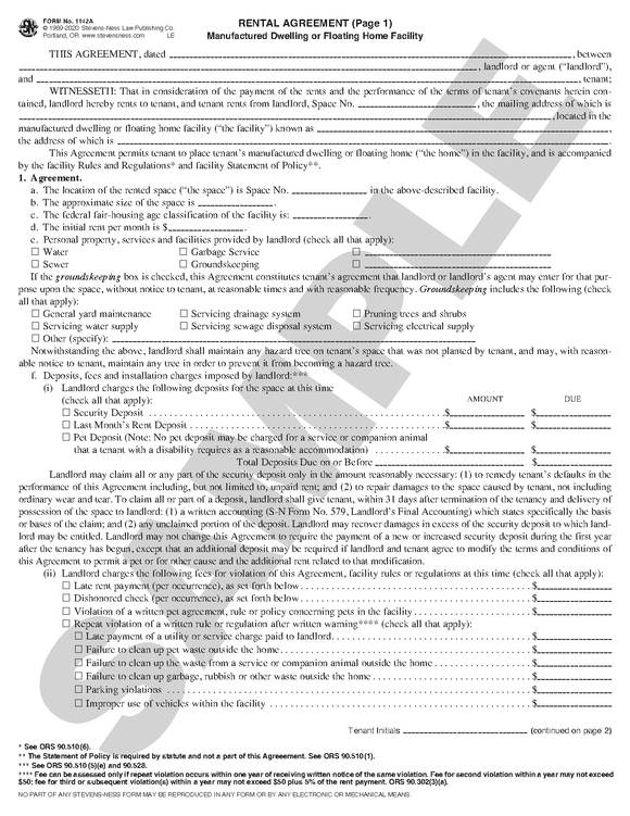 SN 1142ABC Rental Agreement Set, Manufactured Dwelling or Floating Home Facility, Pages 1, 2 and 3 (OR)