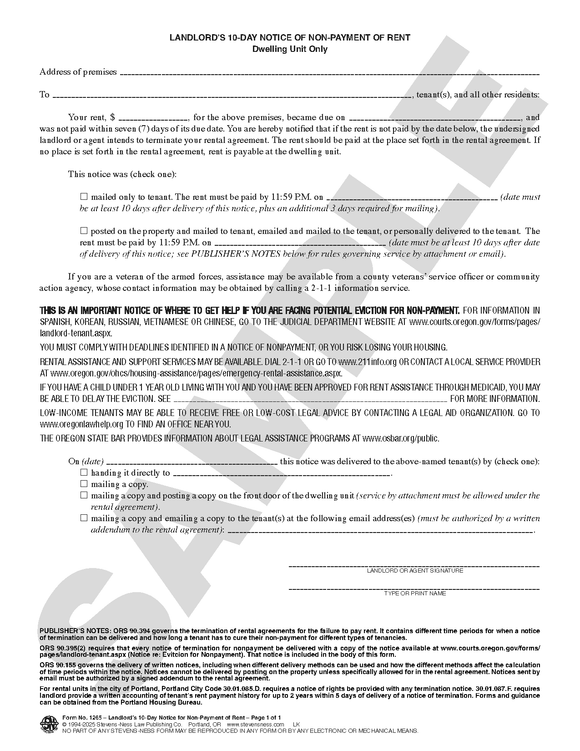 SN 1265 Landlord's 10-Day Notice of Non-Payment of Rent (OR)