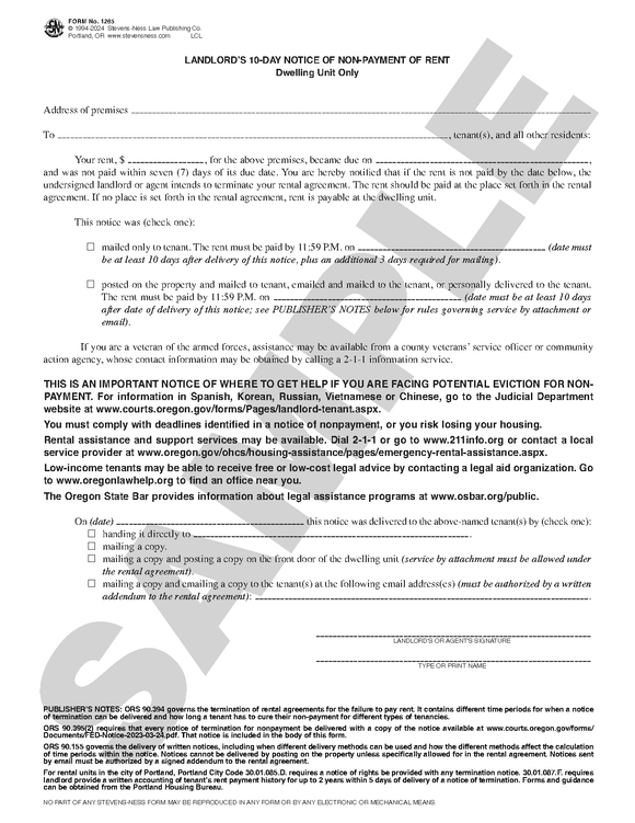 SN 1265 Landlord's 10-Day Notice of Non-Payment of Rent (OR)