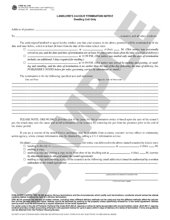 SN 1266 Landlord's 24-Hour Termination Notice (OR)