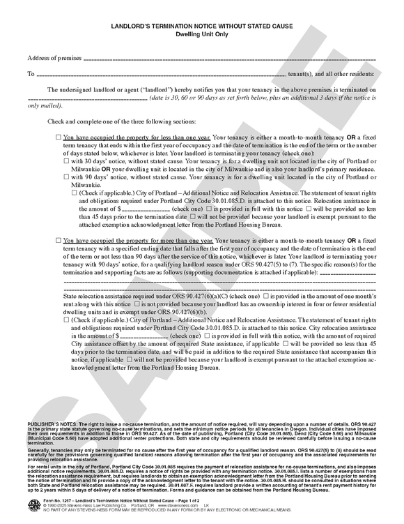 SN 1267 Landlord's Termination Notice without Stated Cause (OR)