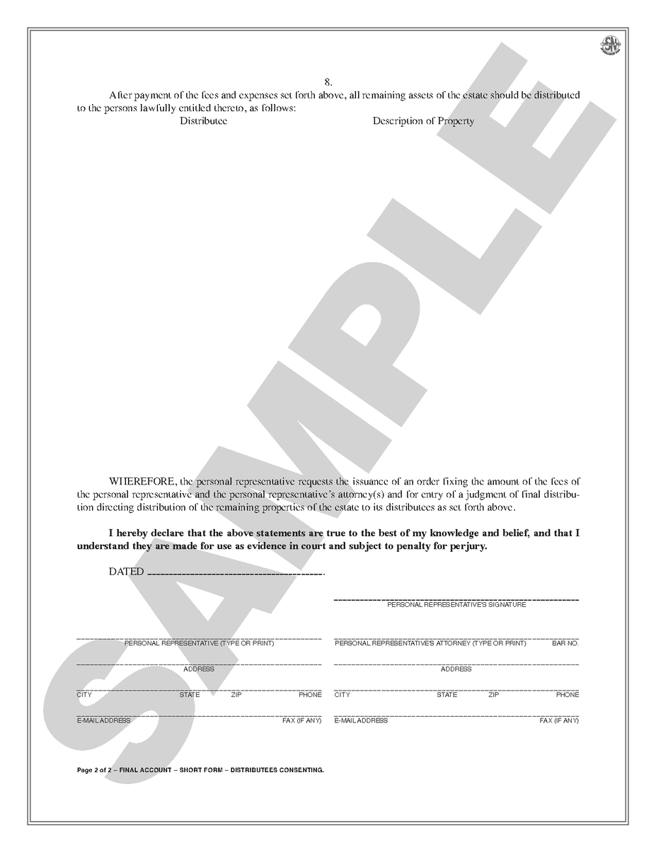 SN 1464R Statement in Lieu of Final Account -- Short Form; Distributee ...