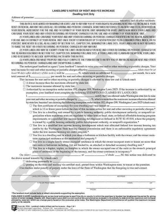 WA 370R Landlord's Notice of Rent and Fee Increase (WA)
