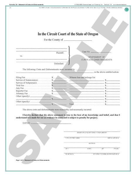 SN 39 Statement of Costs and Disbursements (OR)