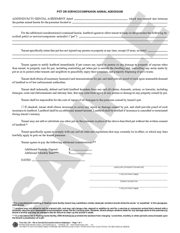 Service Animal Addendum SN 535 Pet or Aid Animal Addendum (OR) – Stevens-Ness Law Publishing Co.