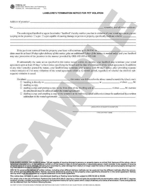SN 537 Landlord's Termination Notice for Pet Violation (OR)