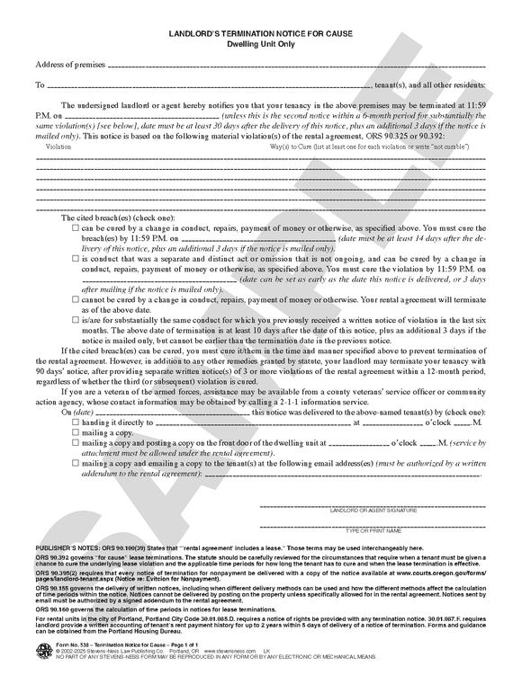 SN 538 Landlord's Termination Notice for Cause (OR)