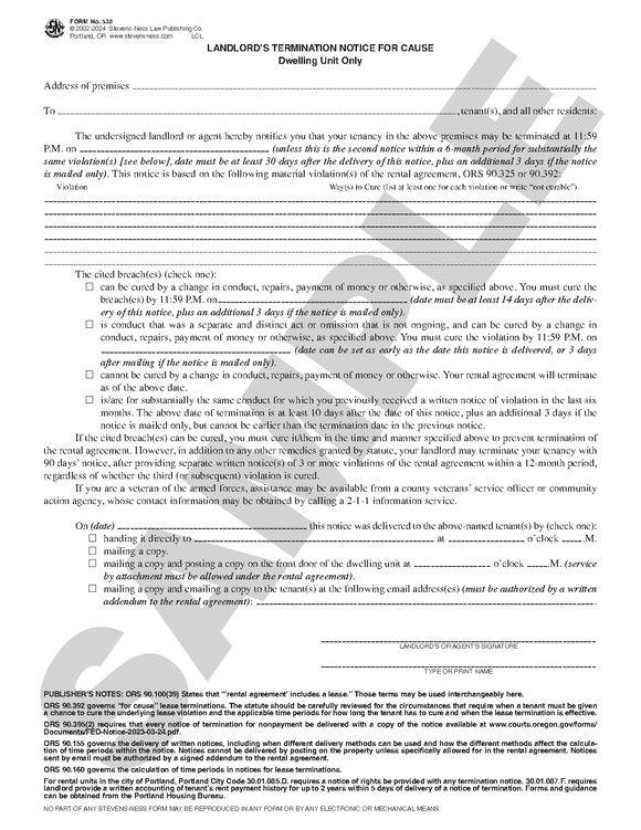 SN 538 Landlord's Termination Notice for Cause (OR)