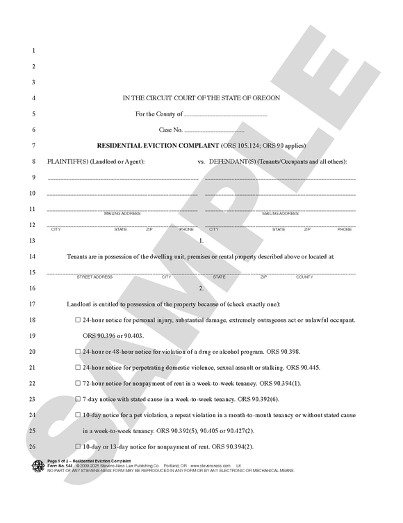 SN 544 Residential Eviction Complaint (OR)
