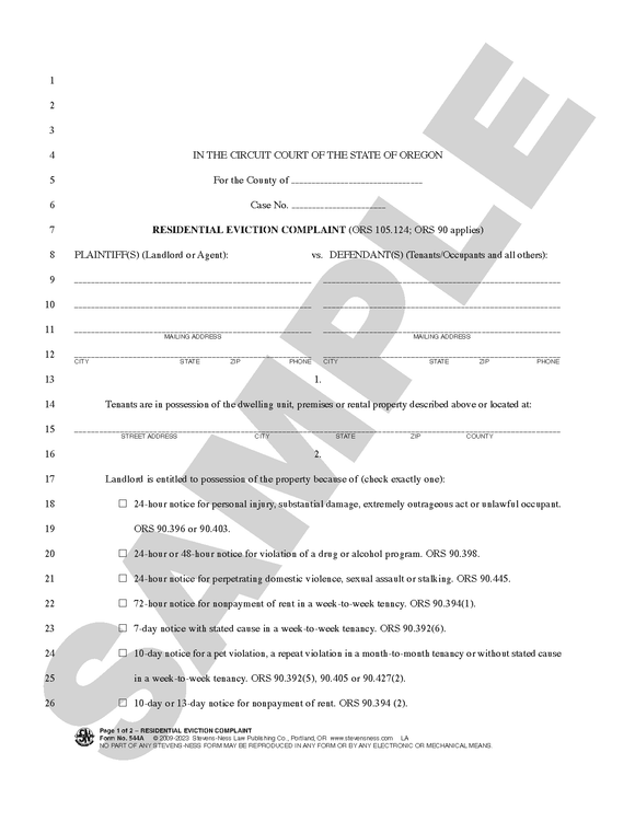 SN 544AB Residential Eviction Complaint Set, Pages 1 and 2 (OR)