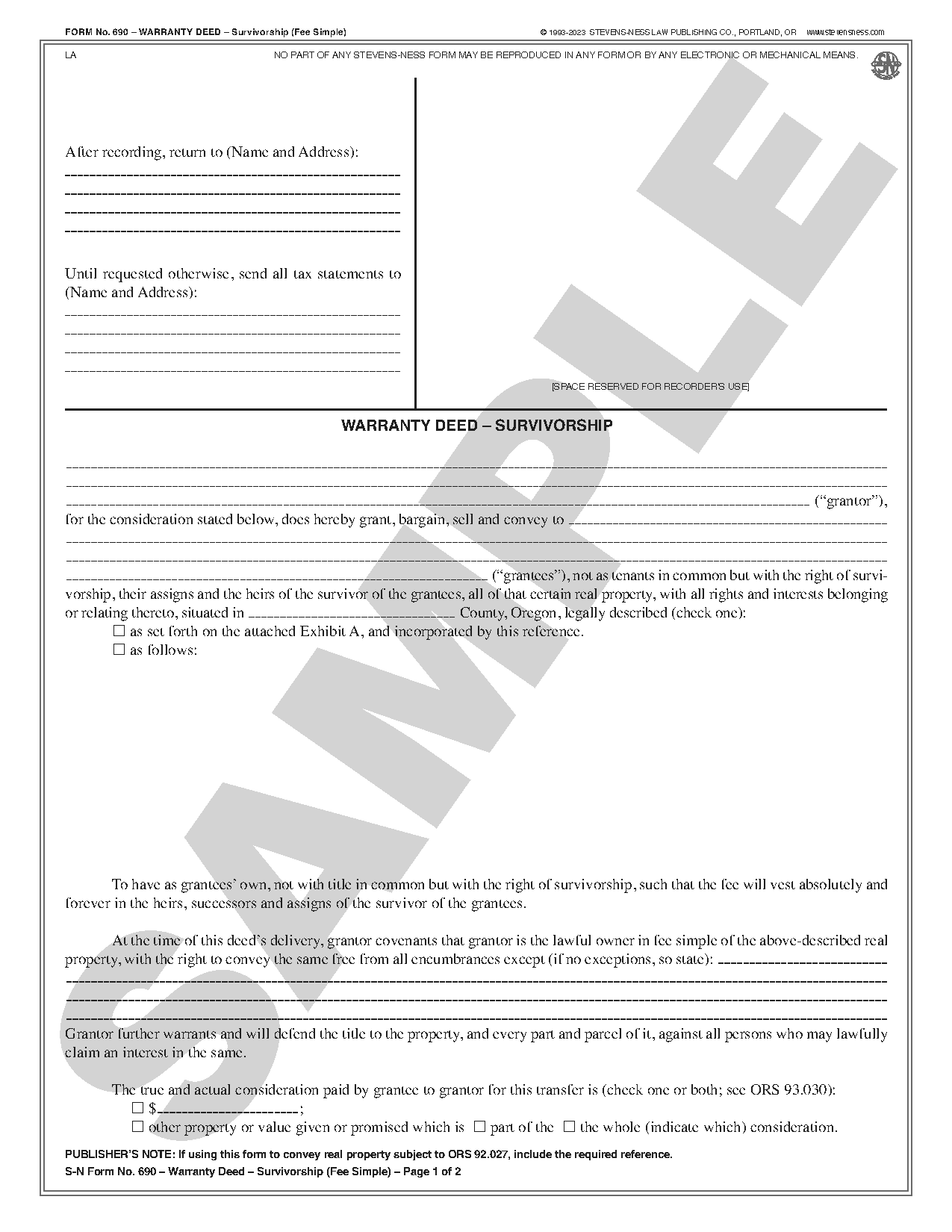 SN 690 Warranty Deed – Survivorship (Fee Simple) (OR) – Stevens-Ness Law Publishing Co. sn-690-warranty-deed-survivorship-fee-simple-or-stevens-ness-law-publishing-co