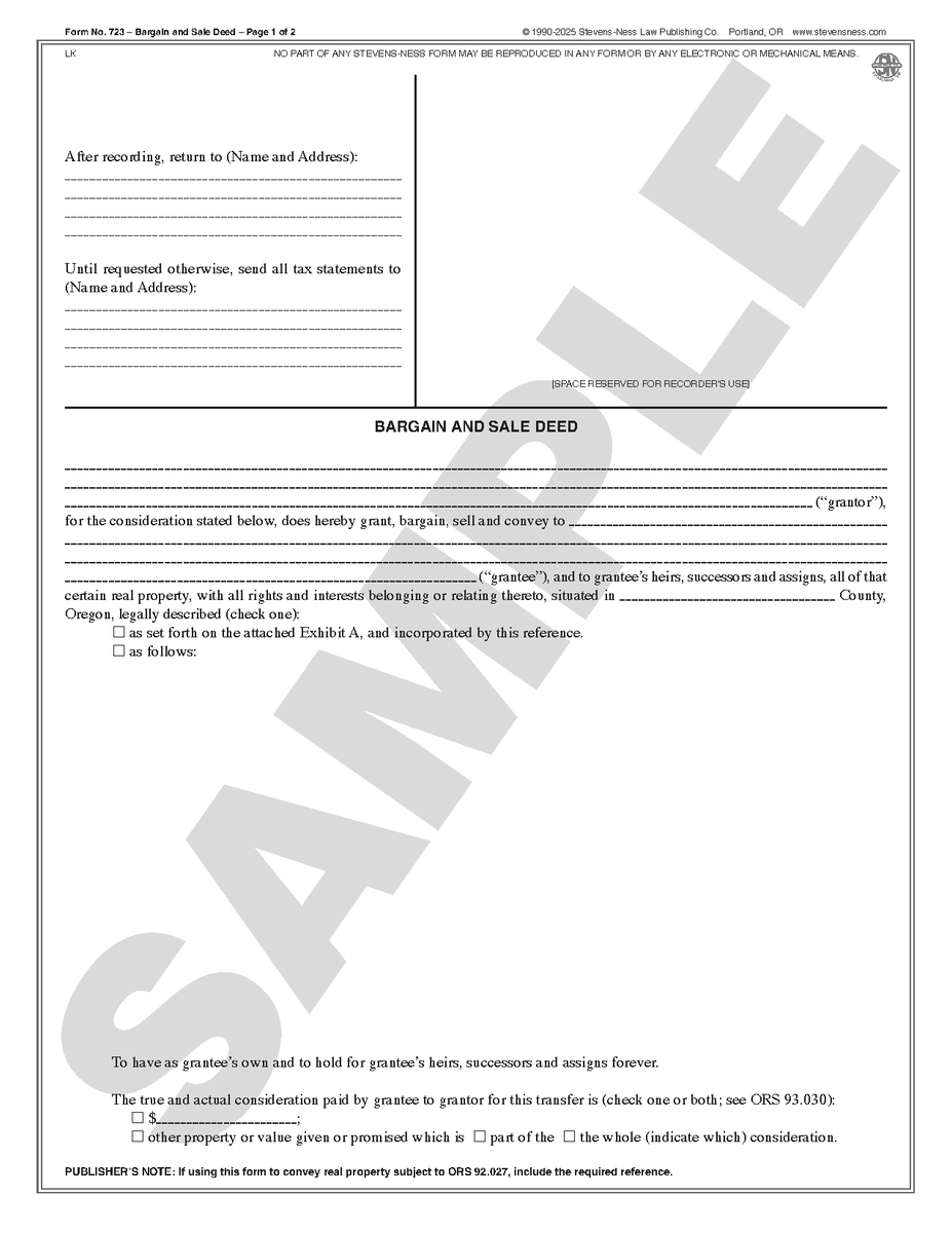 SN 723 Bargain and Sale Deed (OR) – Stevens-Ness Law Publishing Co.