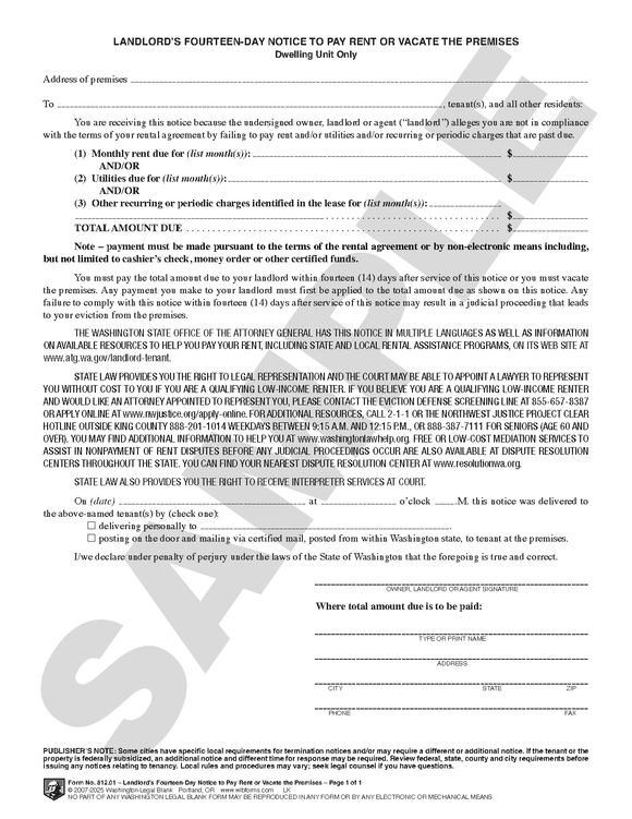WA 812.01 Landlord's Fourteen-Day Notice to Pay Rent or Vacate the Premises (WA)