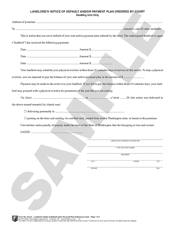 WA 812.25 Landlord's Notice of Default and/or Payment Plan Ordered by Court (WA)