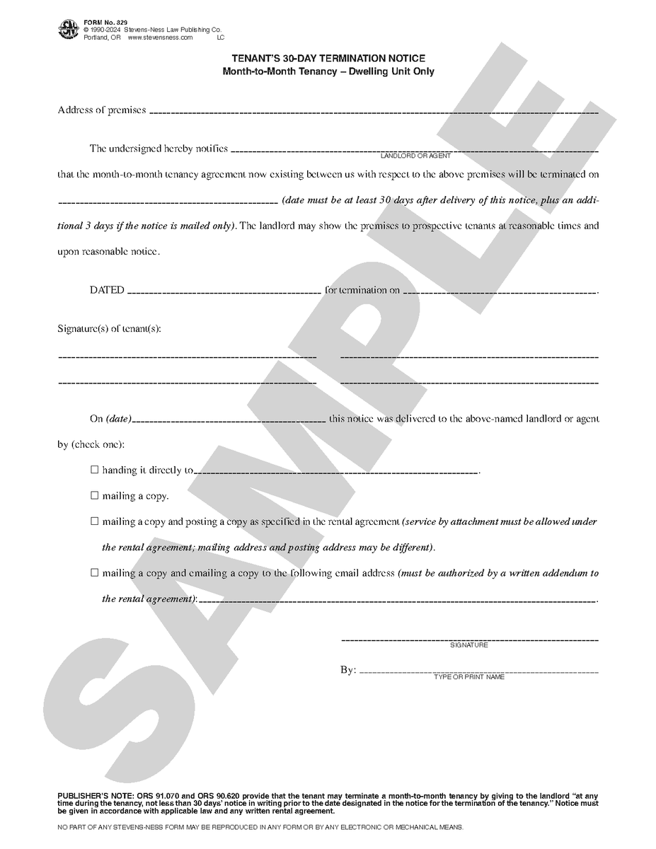 SN 829 Tenant's 30-Day Termination Notice, Month-to-Month Tenancy, Dwe ...