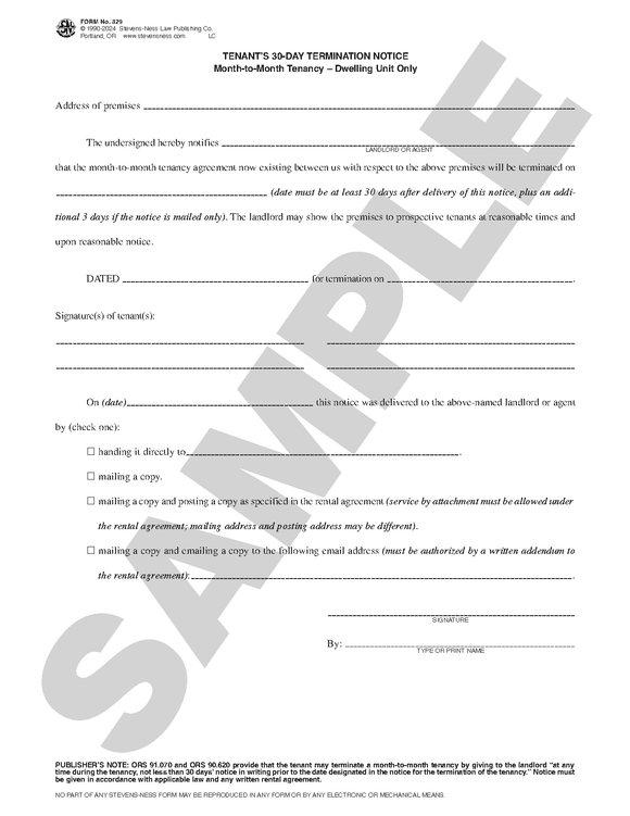 SN 829 Tenant's 30-Day Termination Notice, Month-to-Month Tenancy, Dwelling Unit Only (OR)