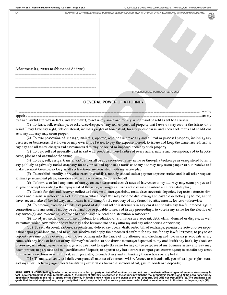SN 853 General Power of Attorney – Durable (OR) – Stevens-Ness Law ...