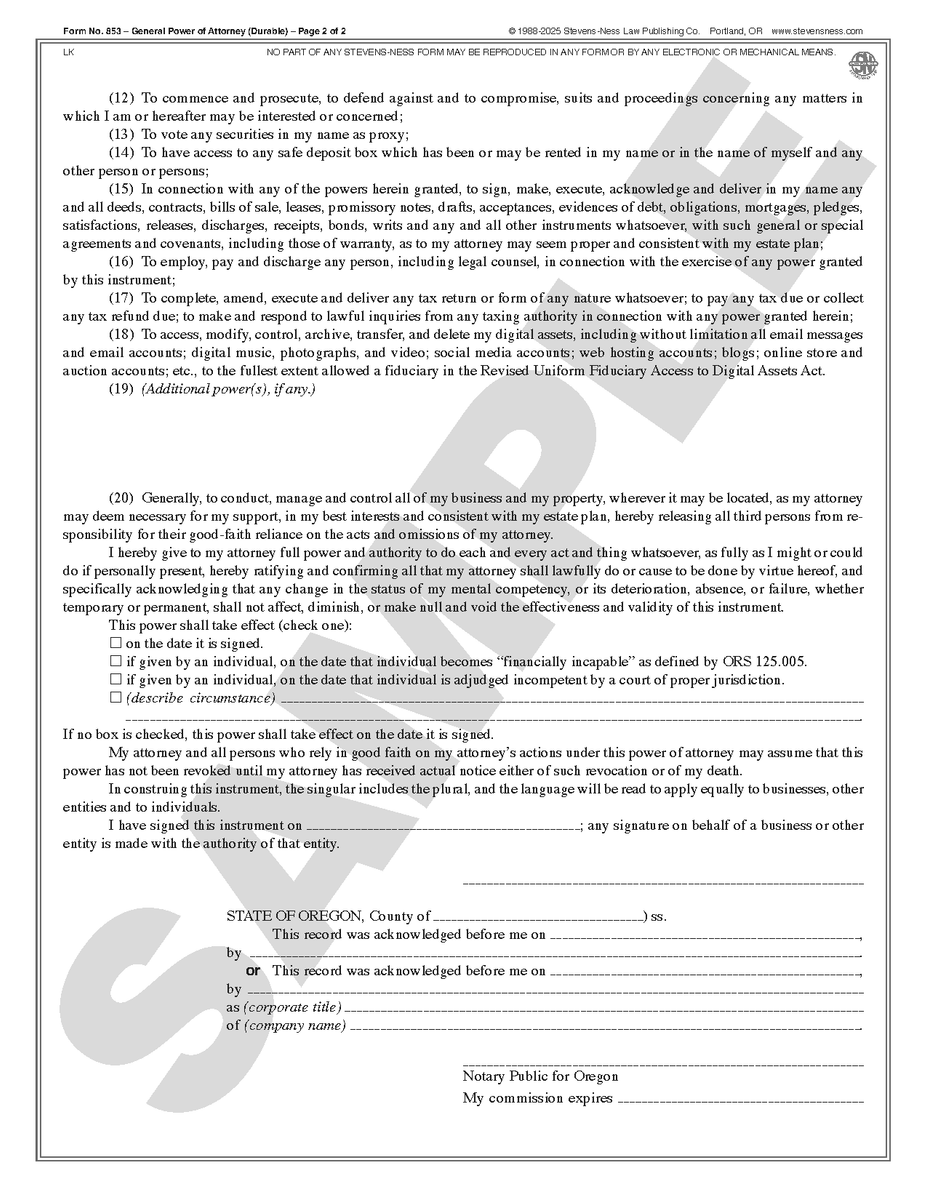 SN 853 General Power of Attorney – Durable (OR) – Stevens-Ness Law ...