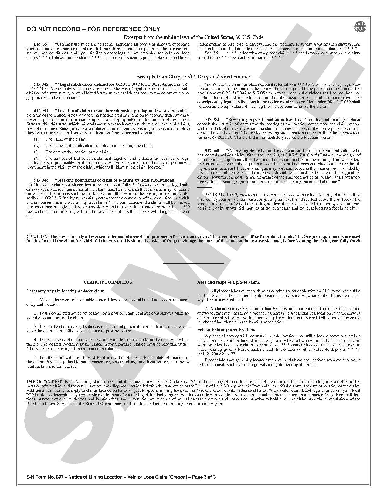 SN 897 Notice of Location of Placer Claim (Oregon) (OR) – Stevens