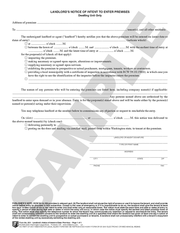 WA 904 Landlord's Notice of Intent to Enter Premises (WA)