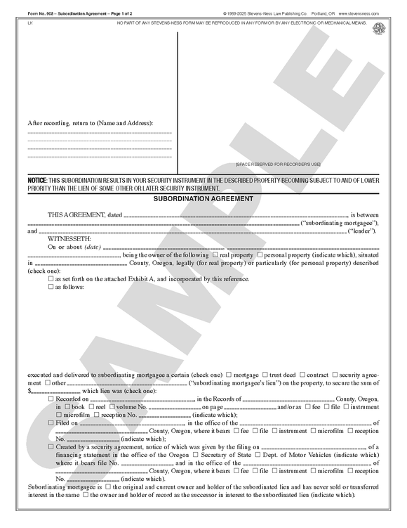 SN 908 Subordination Agreement (OR)
