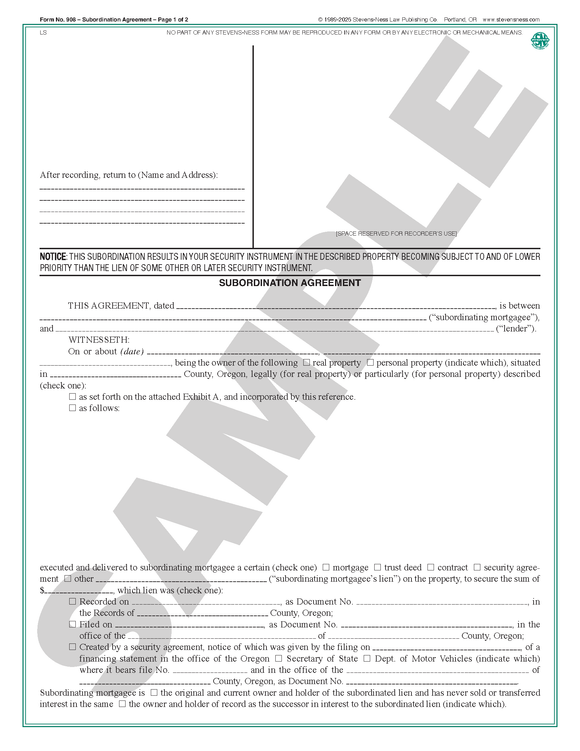 SN 908 Subordination Agreement (OR) – Stevens-Ness Law Publishing Co.