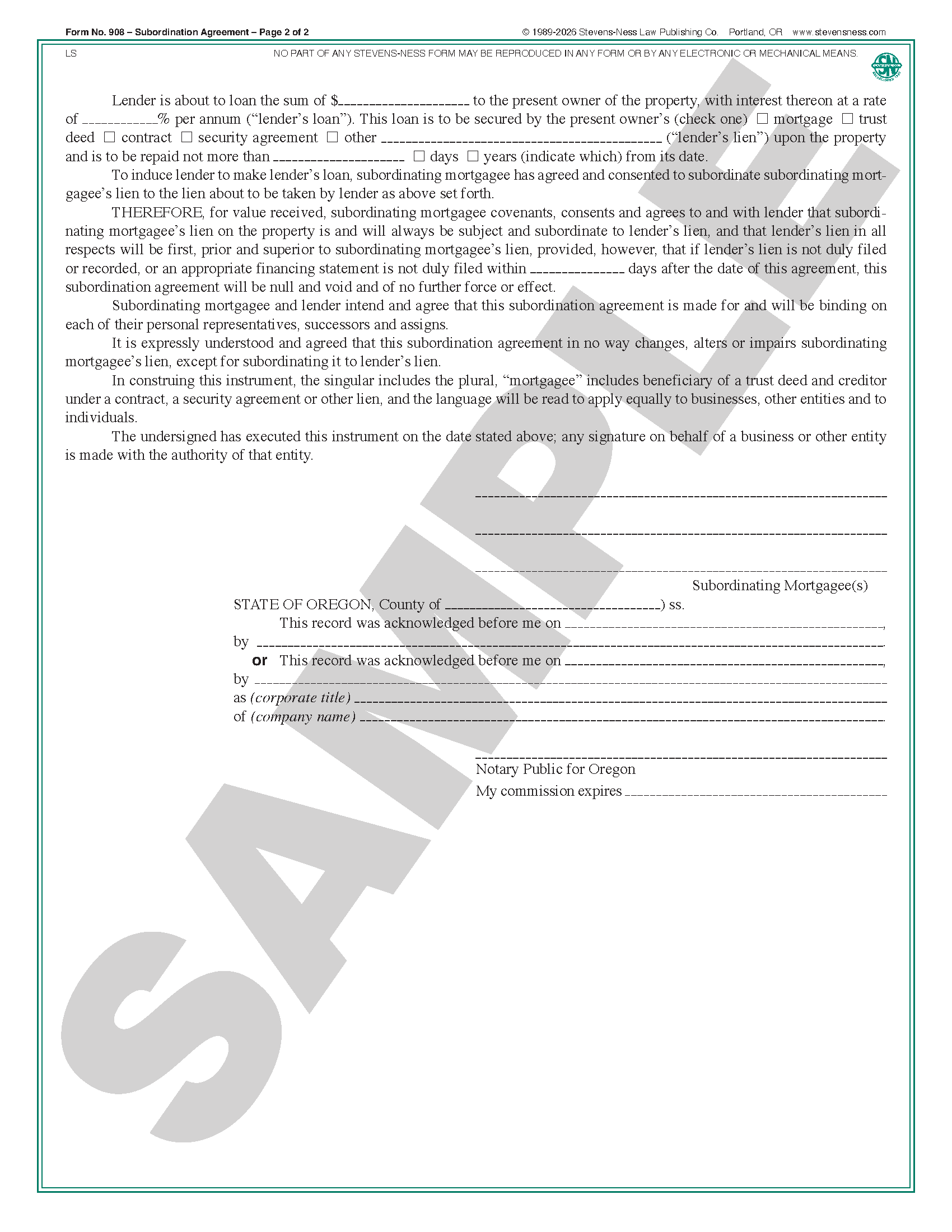 SN 908 Subordination Agreement (OR) – Stevens-Ness Law Publishing Co.