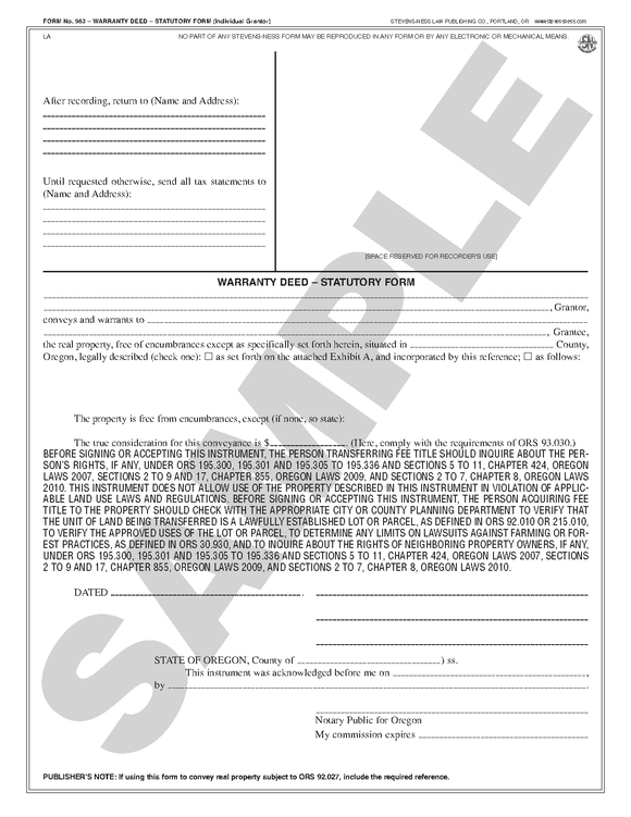 SN 963 Statutory Warranty Deed (OR)