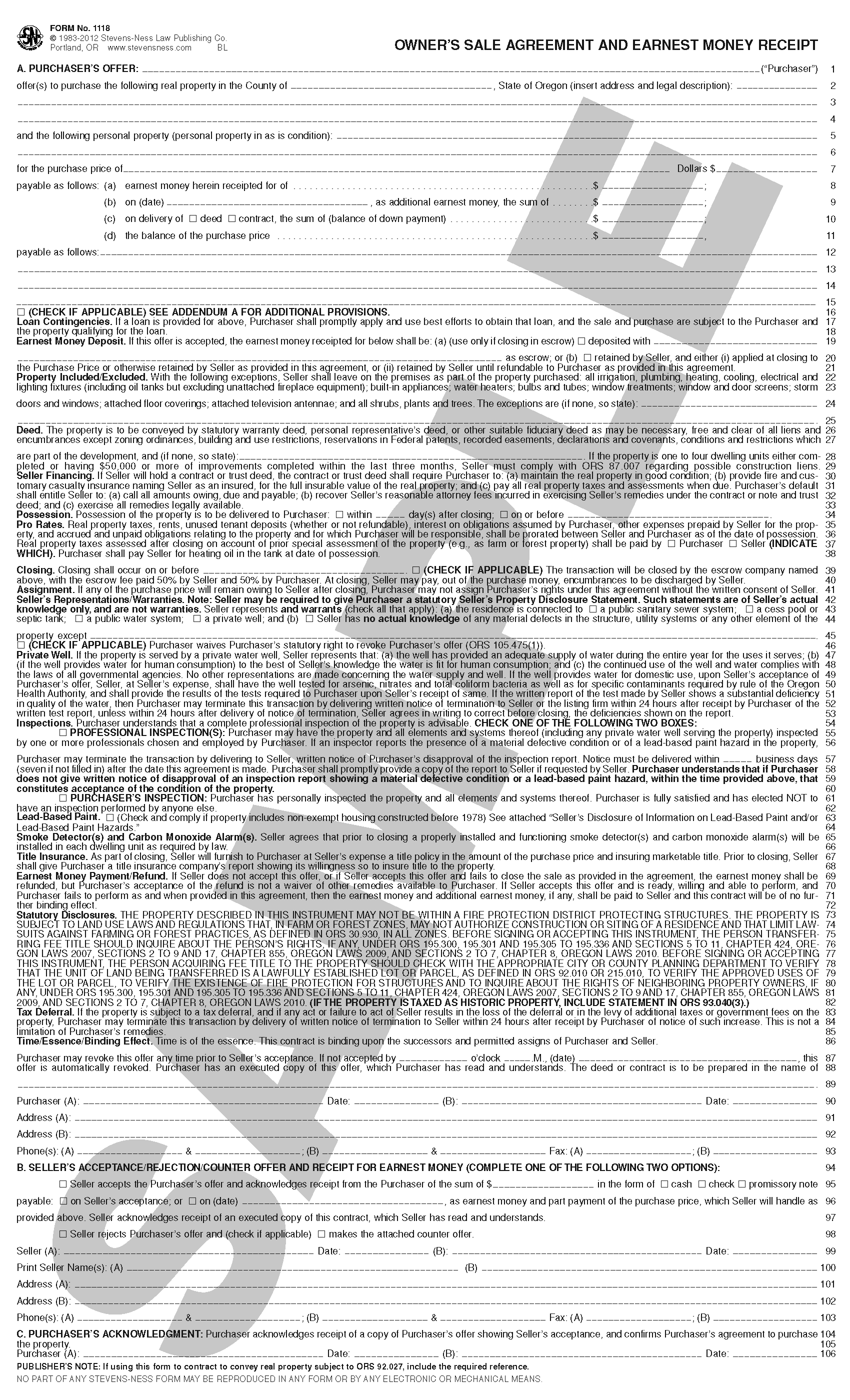 sn-1118-owner-s-sale-agreement-and-earnest-money-receipt-or-stevens-ness-law-publishing-co for Free Printable Earnest Money Agreement SN 1118 Owner's Sale Agreement and Earnest Money Receipt (OR) – Stevens-Ness Law Publishing Co. for Free Printable Earnest Money Agreement