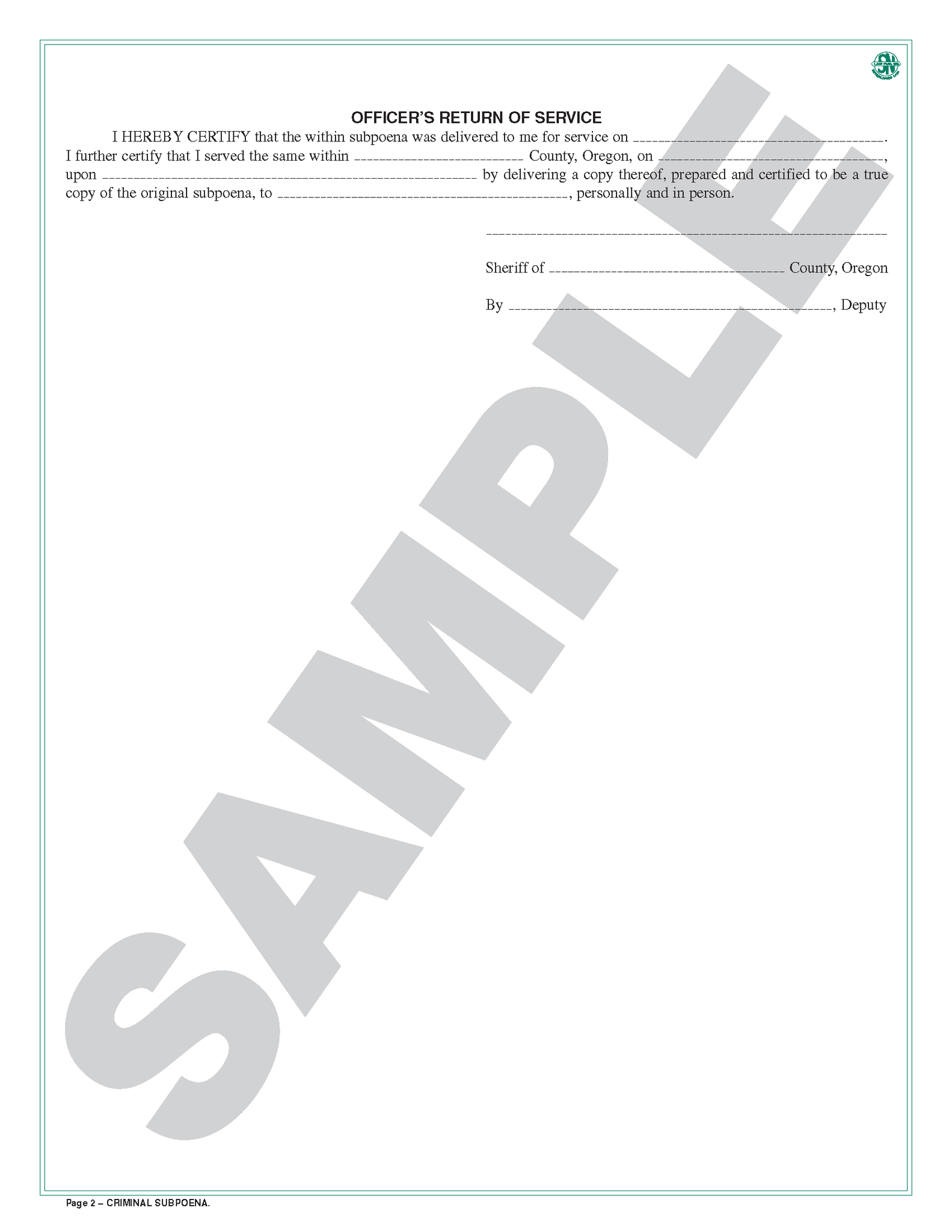 SN 1152 Criminal Subpoena, Issued by Court Clerk, District