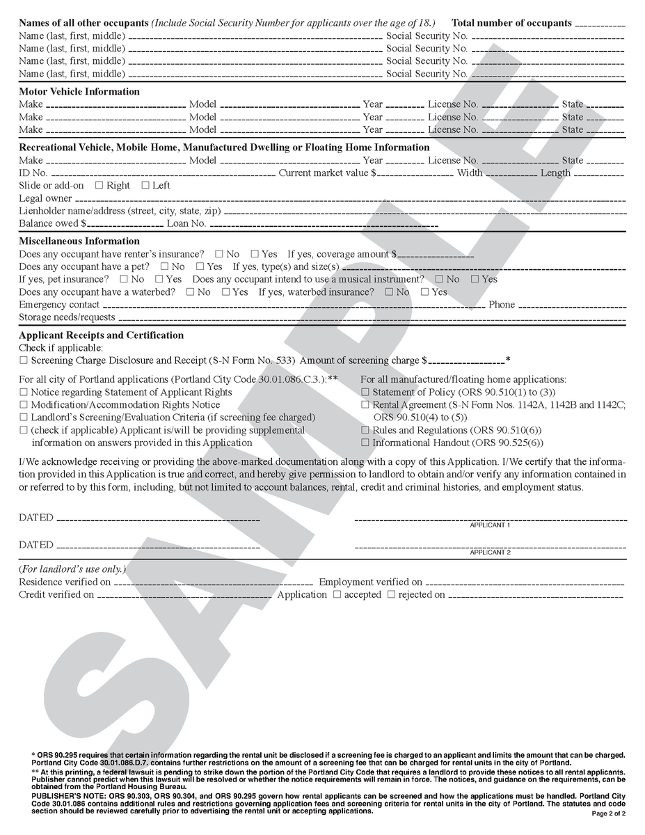 SN 1167 Tenant's Rental Application (OR) – Stevens-Ness Law Publishing Co.