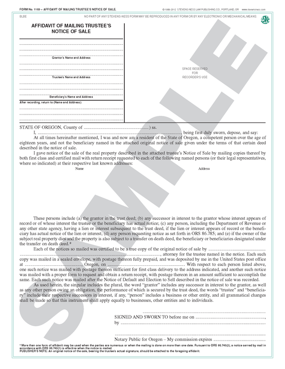 SN 1169 Affidavit of Mailing Trustee's Notice of Sale (OR)