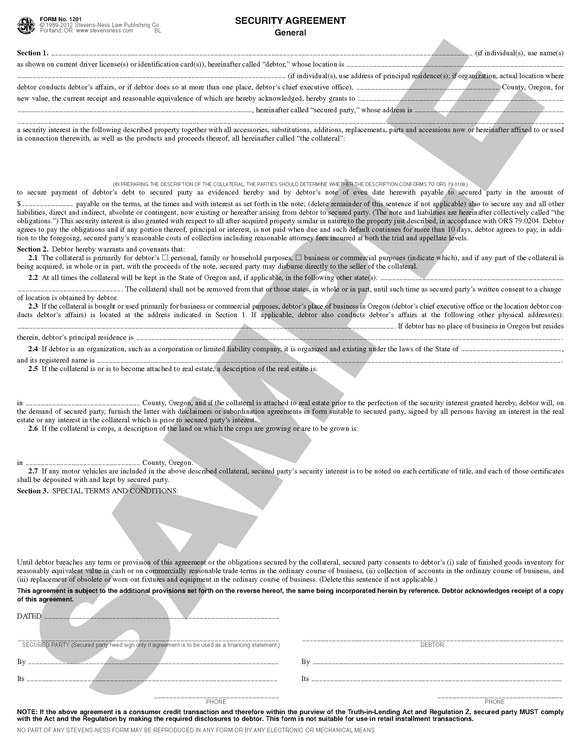 SN 1201 Security Agreement, General (OR)