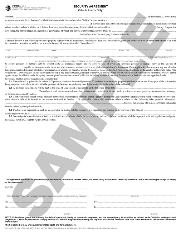 SN 1214 Security Agreement, Vehicle Loans only (OR)