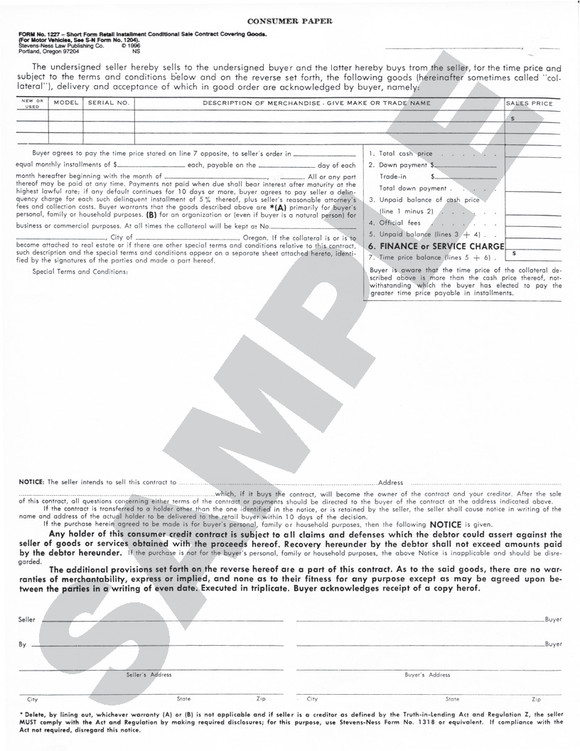 SN 1227 Retail Installment Contract -- Goods, Short Form (OR)