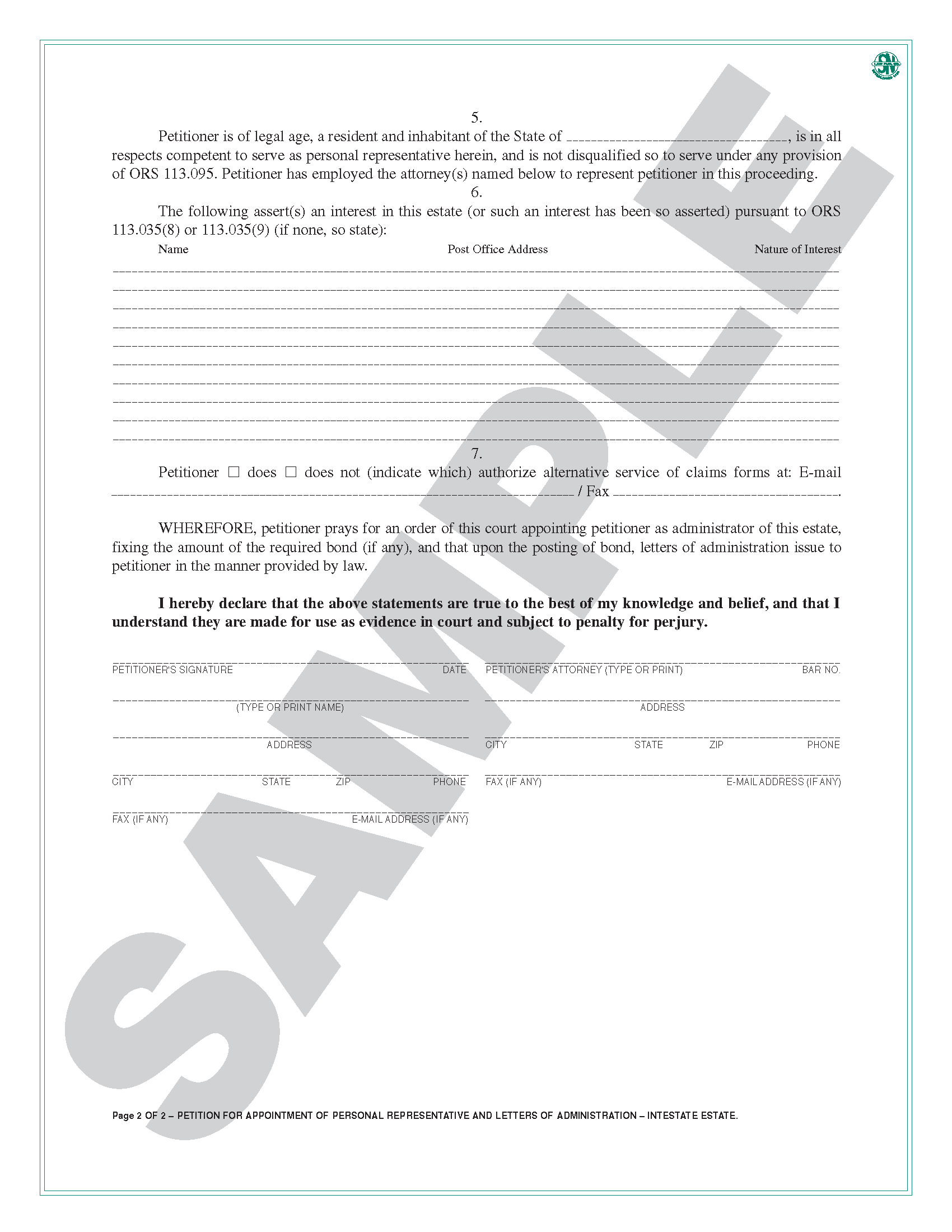 SN 1407 Petition for Appointment of Personal Representative and
