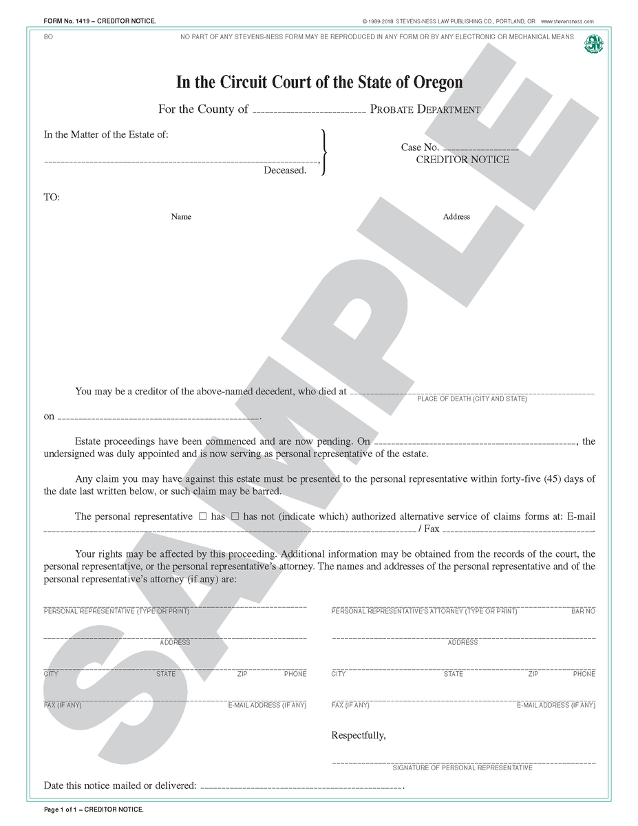 SN 1419 Creditor Notice (OR) StevensNess Law Publishing Co.