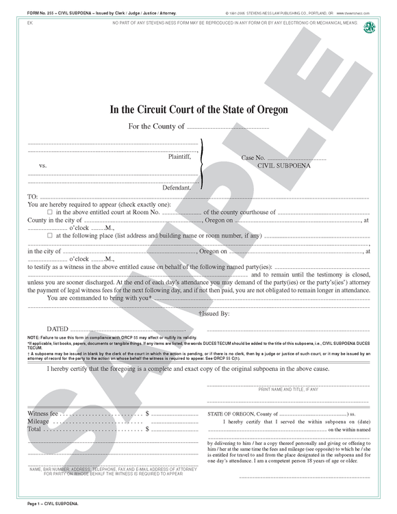 SN 255 Civil Subpoena -- Issued By Clerk, Judge or Attorney (OR)