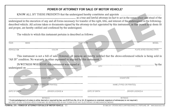 SN 270 Power of Attorney for Sale of Motor Vehicle (OR)